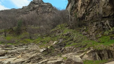 Rocky stream flows through green, rugged valley. Vucjanka Canyon, Serbia Vidéo 332146453