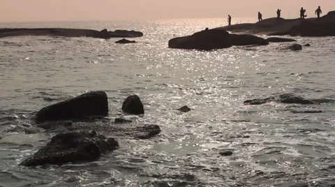 Rocky Sunset Beach Stock Footage 34454339