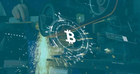 Rod pressing on grinder wheel sparks flying while Bitcoin hologram rotating Stock Footage 315716010