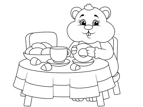 Rodent, hamster eats at the table. Children coloring book. Illustrazione stock