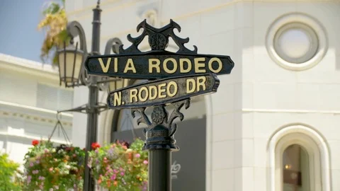 Via Rodeo and N. Rodeo Dr. Sign in Beverly Hills Tracking Shot Vidéo 78010368