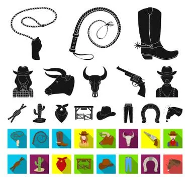 Rodeo, competition black,flat icons in set collection for design. Cowboy and 스톡 일러스트