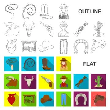 Rodeo, competition flat icons in set collection for design. Cowboy and equipment Stock Illustration