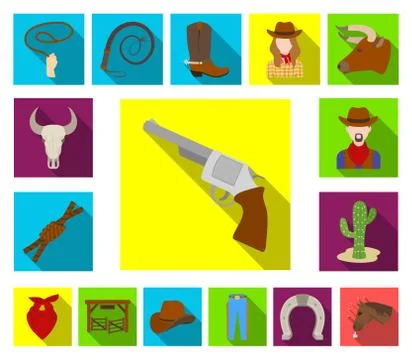 Rodeo, competition flat icons in set collection for design. Cowboy and equipment Stock Illustration