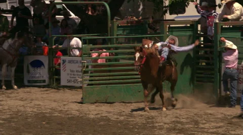 Rodeo cowboy successfully riding a bucking horse in saddle bronc event Stock Footage