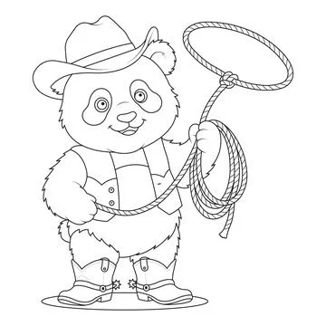 Rodeo cute bear wild west vector page cowboy panda holding lasso rope illus.. Stock Illustration