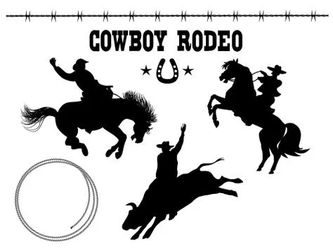 Rodeo. Vector American set of Rodeo. Black silhouette riders on bull and wild Stock Illustration