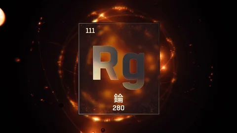 Roentgenium as Element 111 of the Periodic Table 3D illustration on orange Video stock 126451579