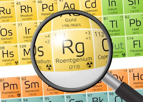 Roentgenium from Periodic Table of the Elements with magnifying glass 스톡 일러스트