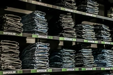 Roermond, Netherlands 07.05.2017 Stack of blue superslim Jeans at the Garcia  Foto stock