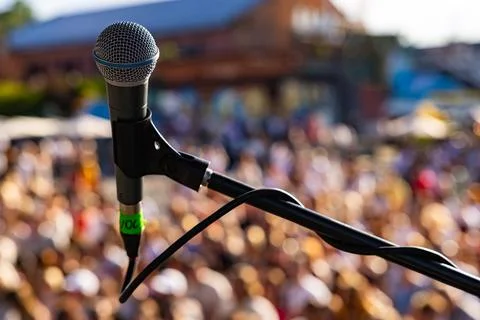 Rofessional vocal microphone close up on live concert stage with blurred cr.. Stock Photos