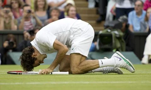 Roger Federer After His Win. Andy Murray V Roger Federer Wimbledon Final. July 8 Stock Photos