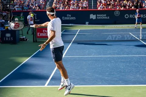 Roger Federer, practicing during the Roger Cup Stock Photos