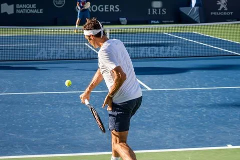 Roger Federer, practicing during the Roger Cup Stock Photos