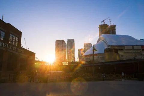 Rogers centre and CN tower at sunset time. Baseball stadium Stock Photos