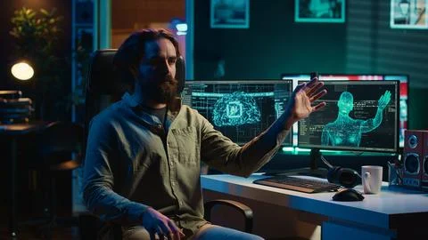 Rogue artificial intelligence possessing man, threating humanity 스톡 사진