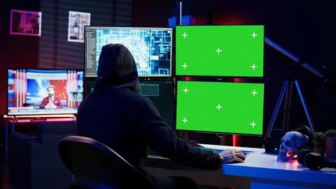 Rogue computer scientist uses AI and green screen PC to develop malware. Foto stock