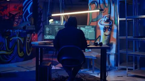 Rogue hacker using computer in abandoned basement with graffiti drawings 스톡 사진