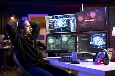 Rogue programmer at home coding on PC, using AI to evade security Stock-Fotos