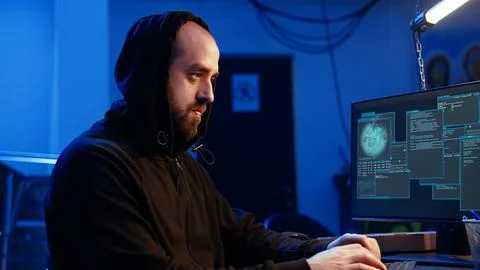 Rogue programmer successfully tricking firewalls, celebrating accomplishment Foto stock