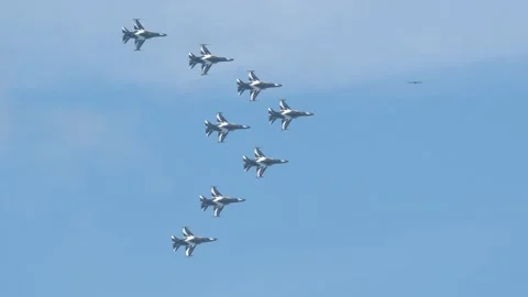 RoKAF Black Eagles Aerobatic Team, T-50 trainer aircrafts, LIMA 2023 Stock Footage 243996033