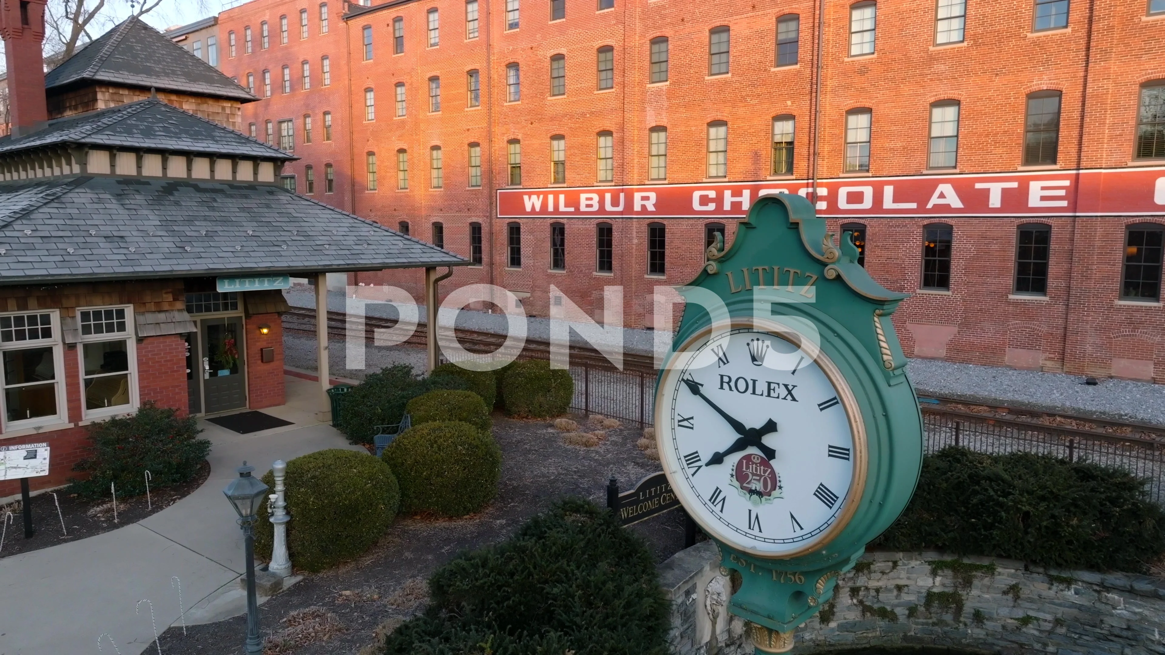 Rolex clock in town of Lititz Pennsylvania. Train Station and historic