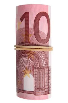 A roll of 10 euro notes with an elastic band wrapped around. Fotos Stock
