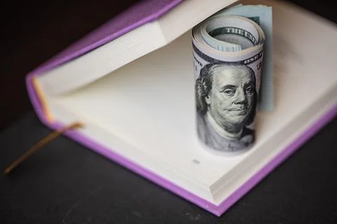 Roll of 100 dollars in violet book Stock Photos