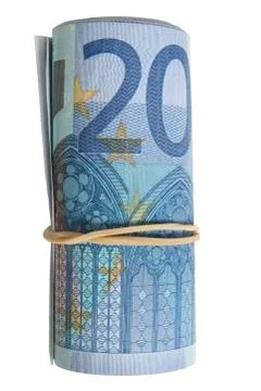 A roll of 20 euro notes with an elastic band wrapped around. Stock Photos