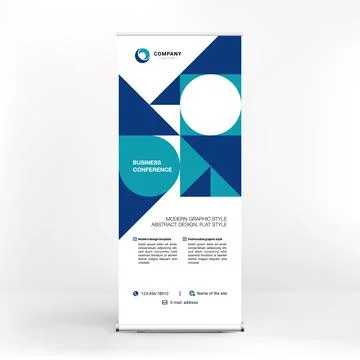 Roll-up banner design, creative stand for conferences, advertising of goods a Illustrazione stock