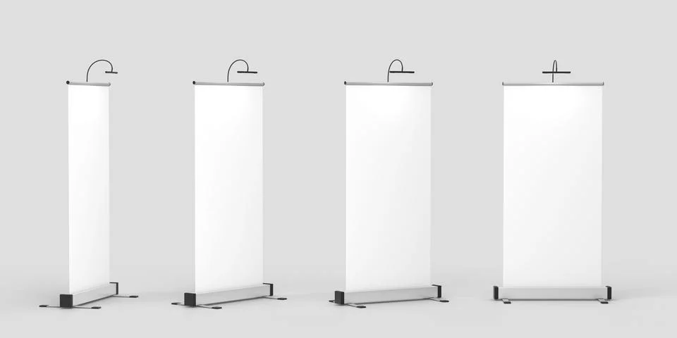 Roll up banner mockup in different angle view 3d render. Realistic set blank Stock Illustration