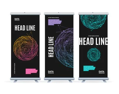 Roll Up Banner Stand Template with Abstract Future Geometric Sphere Set. Vector 스톡 일러스트