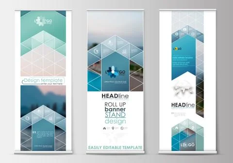 Roll up banner stands, flat design, abstract geometric templates, modern Stock Illustration