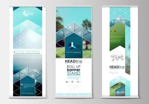 Roll up banner stands, flat design, abstract geometric templates, modern Stock Illustration