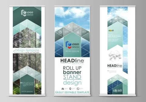 Roll up banner stands, flat design templates, vertical vector flyers, flag .. Stock Illustration