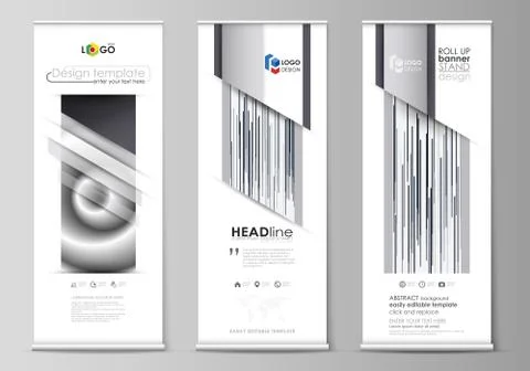 Roll up banner stands, flat design templates, abstract geometric style Stock Illustration