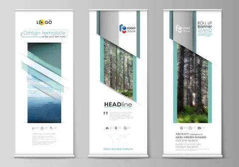 Roll up banner stands, flat design templates, vertical vector flyers, flag Stock Illustration