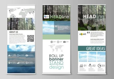 Roll up banner stands, flat design templates, vertical vector flyers, flag Stock Illustration