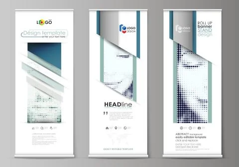 Roll up banner stands, flat design templates, geometric style, vertical vecto Stock Illustration