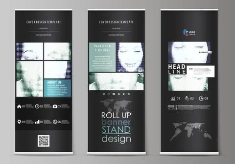 Roll up banner stands, flat design templates, geometric style, vertical vector Stock Illustration