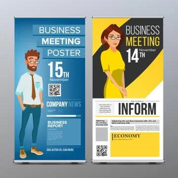 Roll Up Banner Vector. Vertical Billboard Template. Businessman And Business Illustration