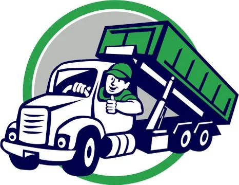 Roll-Off Bin Truck Driver Thumbs Up Circle Cartoon Stock Illustration