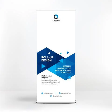Roll-up design, geometric blue background for photos and text, creative desig Stock Illustration