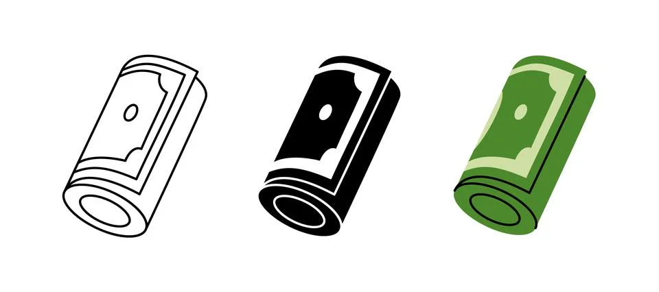 Roll of dollar banknotes icon set. Cash money and paper currency. Vector Stock Illustration