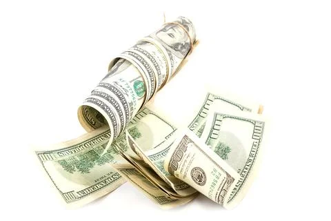 Roll of dollar banknotes isolated on white background. Stock Photos