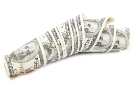 Roll of dollar banknotes on white background. Stock Photos