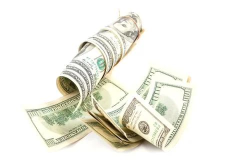 Roll of dollar banknotes on white background. Stock Photos