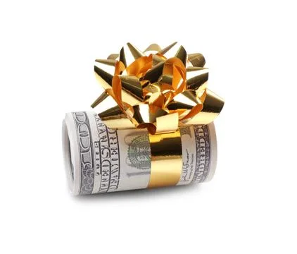 Roll of dollar bills with bow on white background Stock Photos