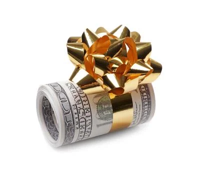 Roll of dollar bills with bow on white background Stock Photos