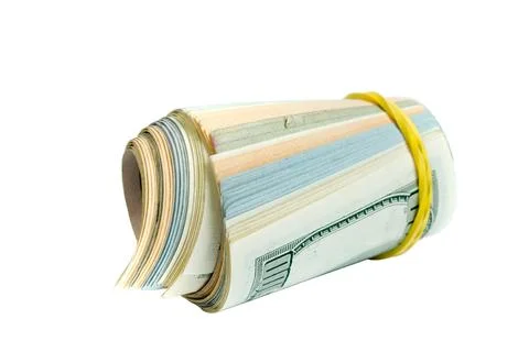 Roll of dollars, banknotes on a white background. View from above. black fr.. Stock Photos